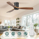 Sofucor 52 Inch Low Profile Ceiling Fan 3 Carved Wood Fan Blade Noiseless Reversible DC Motor Remote Control Without Light Flush Mount Farmhouse Ceiling Fan No Light for Low Ceiling