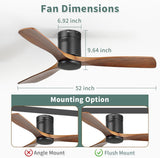 Sofucor 52 Inch Low Profile Ceiling Fan 3 Carved Wood Fan Blade Noiseless Reversible DC Motor Remote Control Without Light Flush Mount Farmhouse Ceiling Fan No Light for Low Ceiling